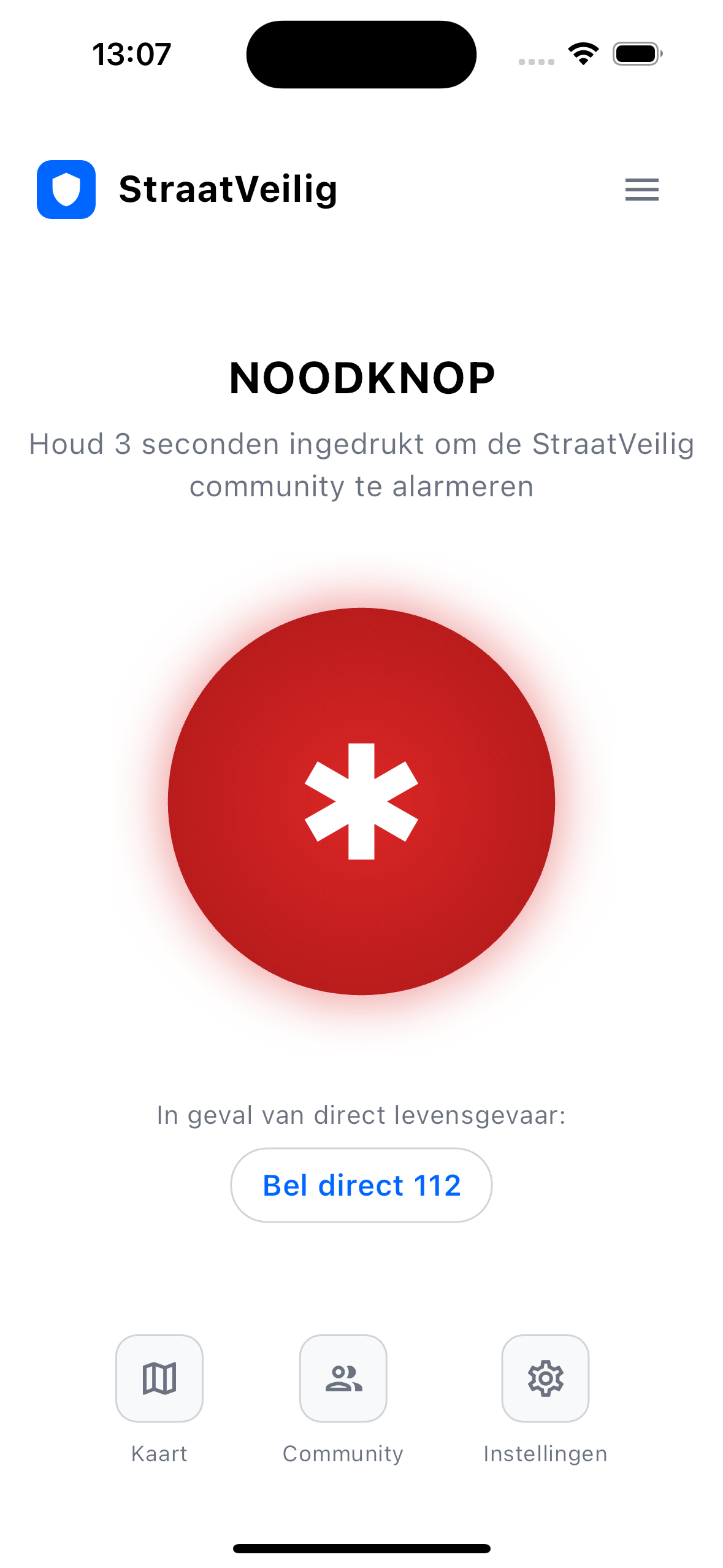 StreetSafe app hoofdscherm met noodknop en veiligheidsfuncties voor straatintimidatie